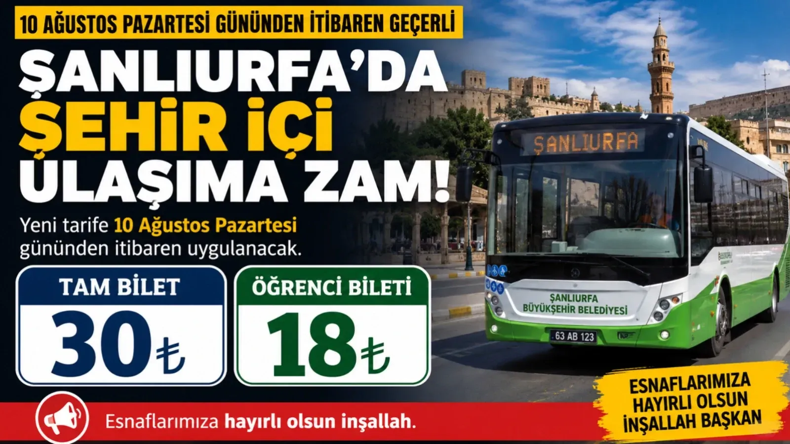 Şanlıurfa'da Şehir İçi Toplu Ulaşıma Zam